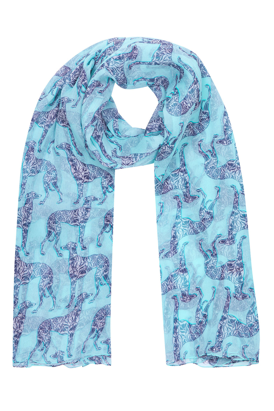 Stylish designer holiday wear, chiffon silk sarong in Lurcher blue print by Lotty B Mustique