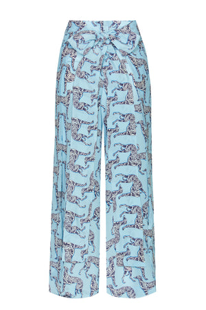 Crepe de chine silk palazzo pants in Lurcher dog aubergine & pale blue print back tie detail