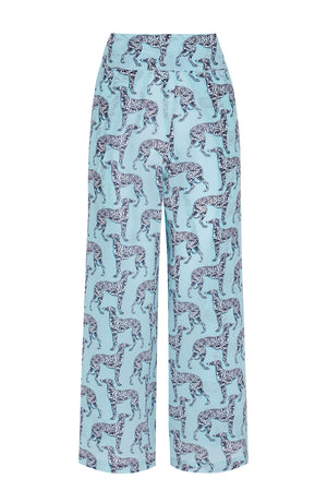 Crepe de chine silk palazzo pants in Lurcher dog aubergine & pale blue print by Lotty B Mustique
