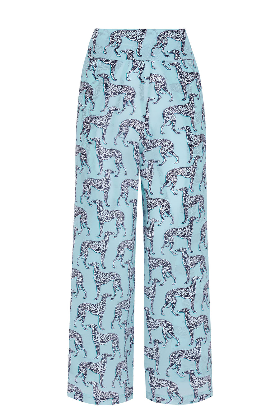 Luxury pure silk palazzo pants in Lurcher dog aubergine & pale blue print by Lotty B Mustique
