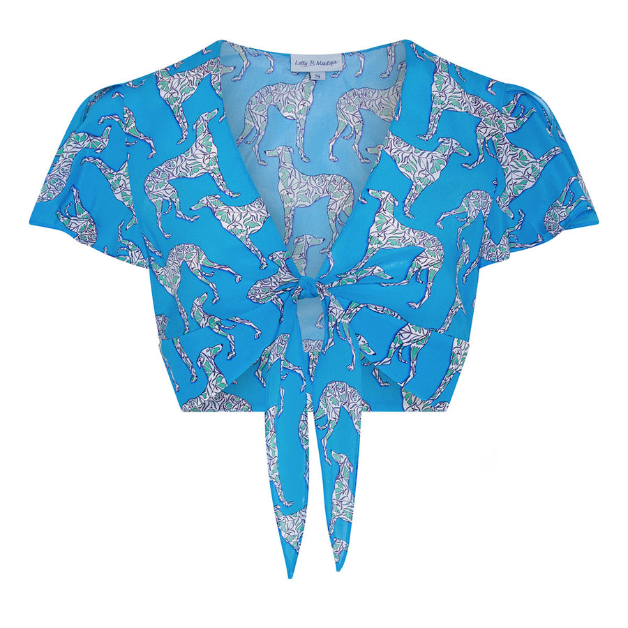 Luxury fashion silk cropped tie top in Lurcher dog blue & green print by designer Lotty B Mustique