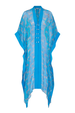 Long chiffon silk Jade Poncho in LURCHER - GREEN / BLUE print by designer Lotty B