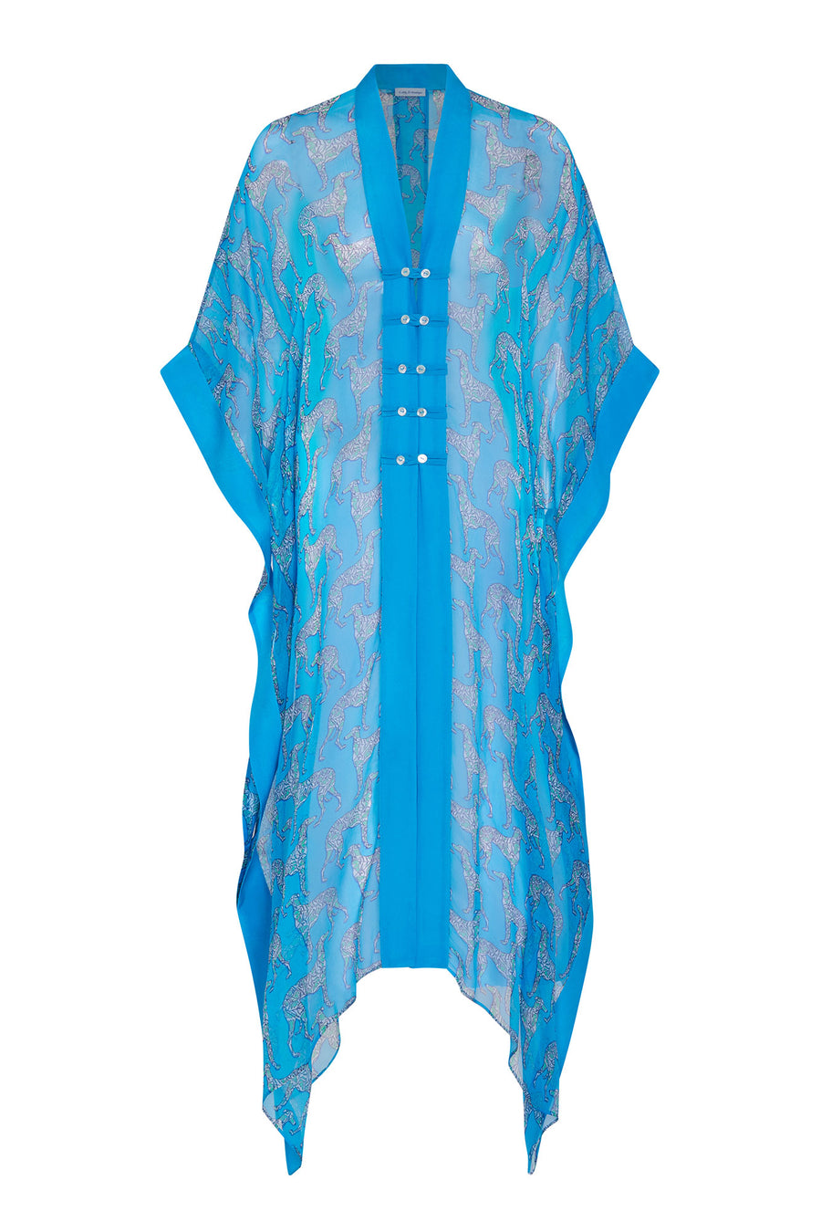 Designer fashion, long chiffon silk Jade poncho in green & blue Lurcher print