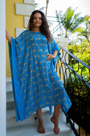 Designer silk maxi dress caftan in Lurcher green & blue print designer Lotty B Mustique