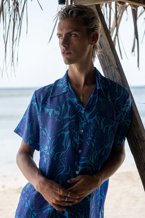 Festival style Mens silk shirt Protea flower violet and turquoise print by Lotty B Mustique