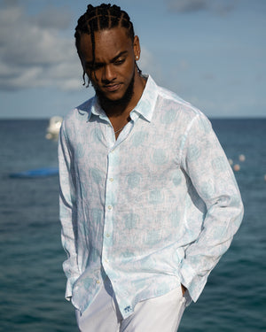 Mens luxury linen shirt in aqua blue Turtle print by designer Lotty B Mustique