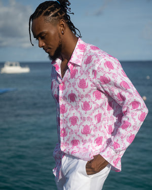 Men's luxury linen shirt in pink Turtle print by designer Lotty B Mustique