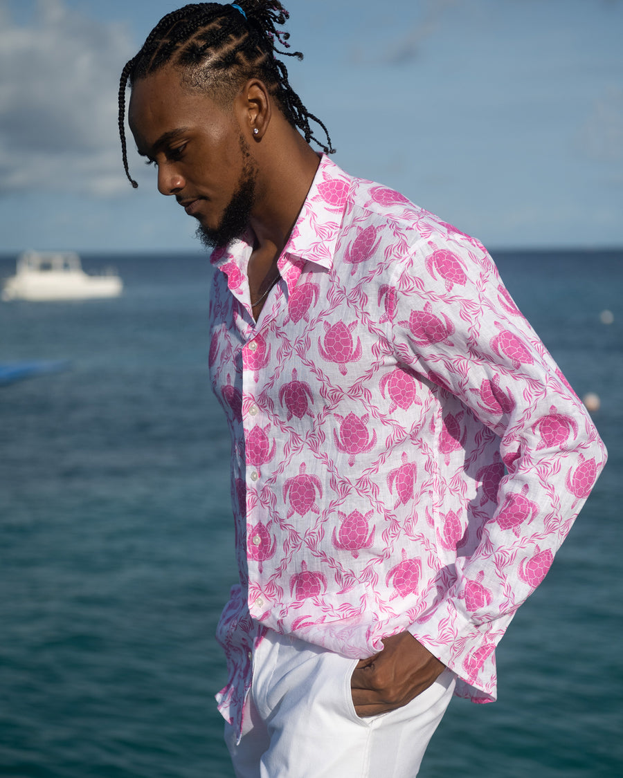 Men's linen shirt in pink Turtle print by designer Lotty B Mustique
