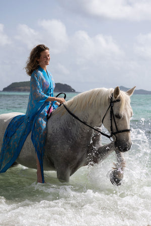 Swimming with horses Mustique island style - long chiffon silk Jade poncho in Lurcher green blue