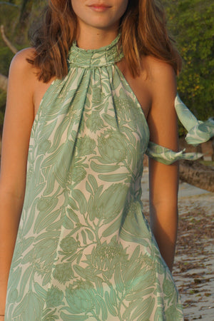 ruffle neck silk Dena dress in green Protea print by Lotty B Mustique