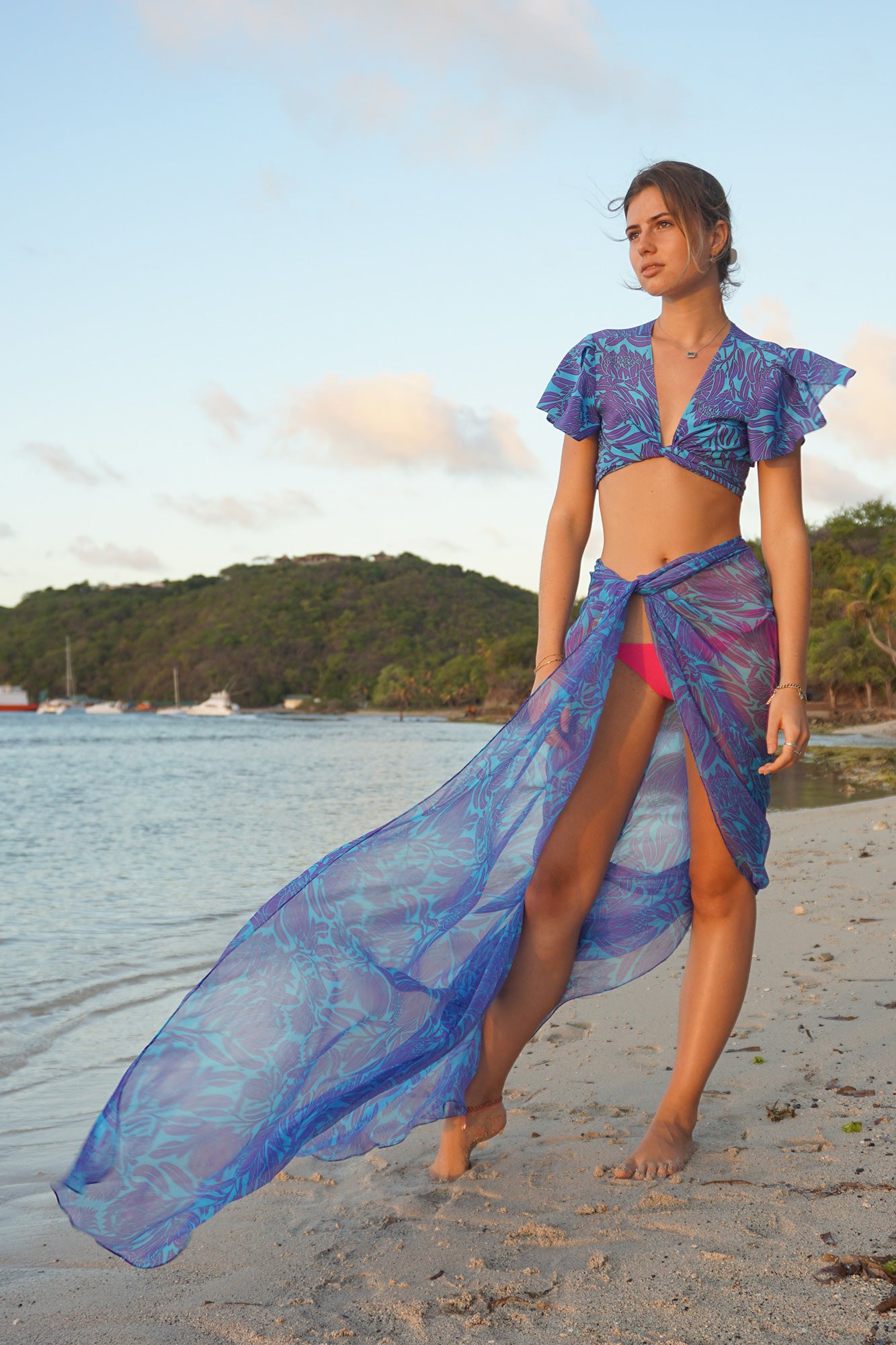 Lotty B Sarong in Silk Chiffon: PROTEA - VIOLET / TURQUOISE