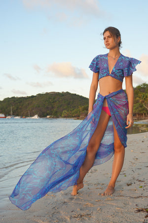 Luxury silk chiffon scarf in purple & blue Protea print by designer Lotty B Mustique