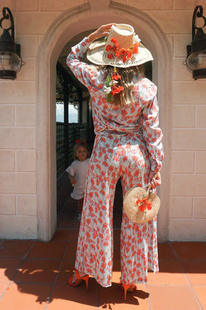 Luxury vacation style silk Gabija palazzo pants: Flamboyant flower orange print wide leg trousers
