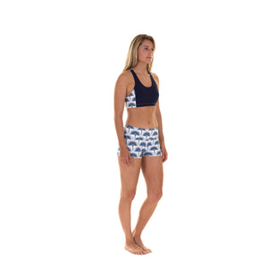 Sports Shorts worn with matching cropped top : FAN PALM NAVY designed by Lotty B for Pink House Mustique