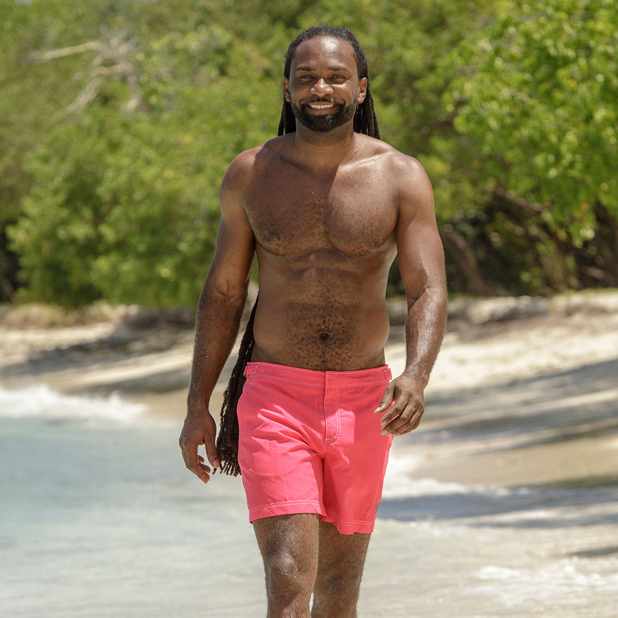Mens plain faded red tailored swim shorts designed by Lotty B for The Pink House Mustique