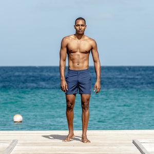 Mens Beach Shorts : MAKO NAVY Cotton House pier Mustique