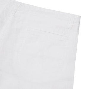 Sustainable mens resortwear plain white linen shorts corozo buttons