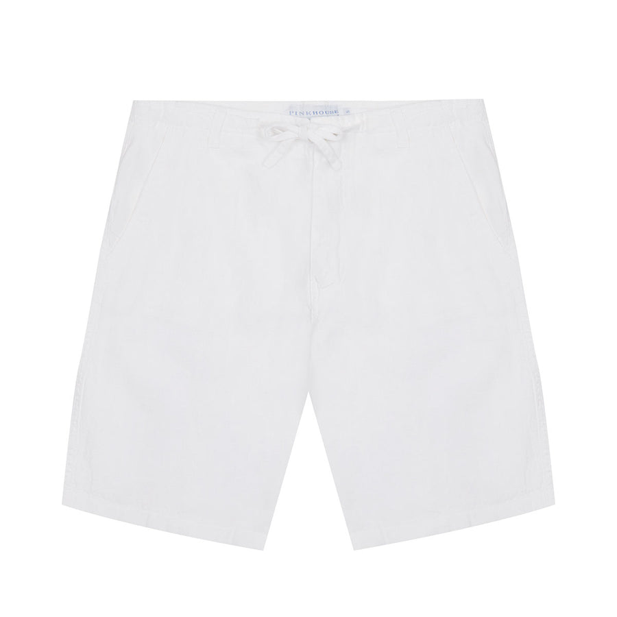 Mens casual pure linen plain white shorts with drawstring and belt loops