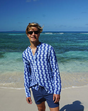 Mens Collarless Linen Shirt : FISH - AIRFORCE BLUE. Designer Lotty B for Pink House Mustique sophisticated mens vacation wear