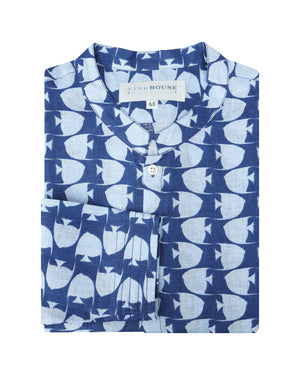 Mens Collarless Linen Shirt : FISH - AIRFORCE BLUE. Designer Lotty B for Pink House Mustique