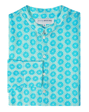 Collarless Linen Shirt: LIME SLICE - TURQUOISE
