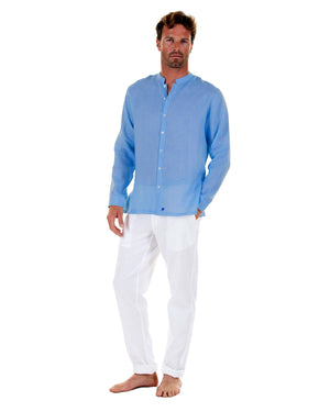 Mens Collarless Linen Shirt : FRENCH BLUE with white linen trousers, front