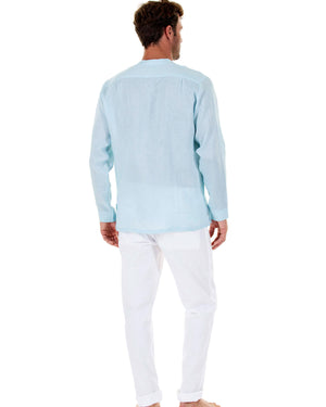 Mens Collarless Linen Shirt : PALE BLUE. Designer Mens holiday wear