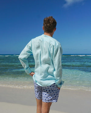 Mens Collarless Linen Shirt : PALE BLUE Mustique Beach Style