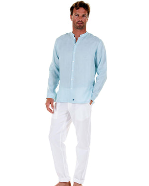 Mens Collarless Linen Shirt : PALE BLUE. Designer Mens casual wear