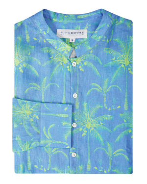 Granddad style linen shirt open neck tropical print by designer Lotty B Mustique