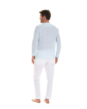 Collarless Linen Shirt Guava pale blue designed by Lotty B Mustique Mens holiday style