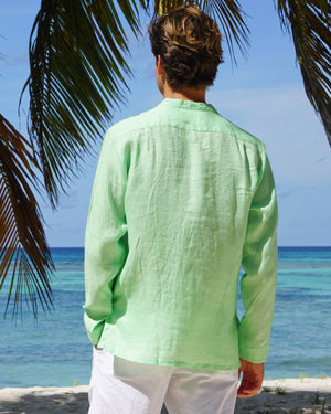 Mens Collarless Linen Shirt : Pistachio Green perfectly paired with white linen trousers by Lotty B Mustique island vacation style