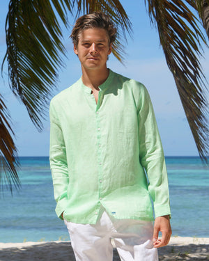 Mens Short Collar Linen Shirt : Pistachio Green perfectly paired with white linen trousers by Lotty B Mustique lifestyle