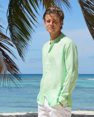 Mens Nehrun Collar Linen Shirt : Pistachio Green perfectly paired with white linen trousers by Lotty B Mustique