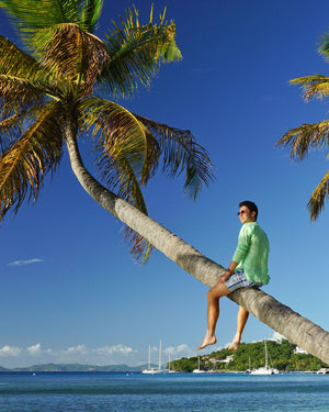 Mens Collarless Linen Shirt : Pistachio Green climbing palm trees Britannia Bay Mustique