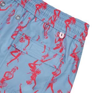 Premium quick dry swim shorts, pink Fruit Punch print on blue