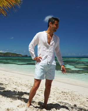 Mens Collarless Linen Shirt : CLASSIC WHITE Mustique family vacation style Macaroni beach
