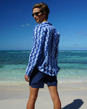 Mens Collarless Linen Shirt : FISH - AIRFORCE BLUE. Designer Lotty B for Pink House Mustique sophisticated mens holiday wear