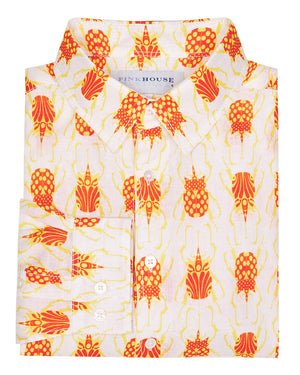 Mens linen shirt in orange and yellow Beetle print by Lotty B