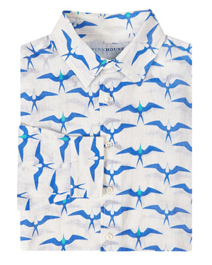 Mens holiday shirts by Lotty B frigate Bird blue seaside print