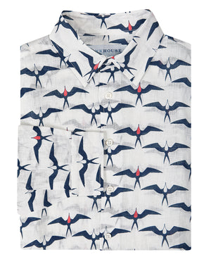 Mens Linen Shirt: FRIGATE BIRD - NAVY / RED