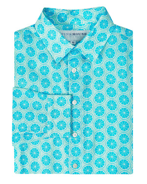 Men's designer linen shirt turquoise blue lime slice print by Lotty B Mustique