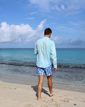 Mens Linen Shirt: PALE BLUE lifestyle back