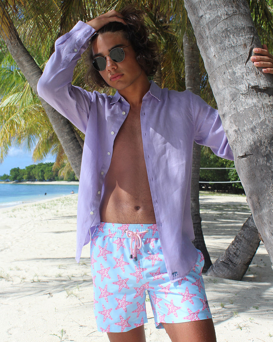 Mens designer Linen Shirt by Lotty B for Pink House Mustique in plain Violet