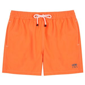 Mens quick dry orange swim shorts by designer Lotty B Mustique for Pink House beachwear essentials