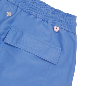 Mens quick dry REGATTA BLUE swim shorts back pocket detail by designer Lotty B Mustique for Pink House vacation essentials