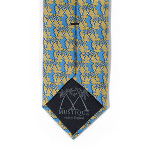 Mens Silk Tie : MUSTIQUE PALMS - YELLOW / BLUE - logo detail