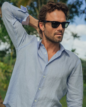 Men's linen holiday & wedding shirts plain Azul Blue by Pink House Mustique