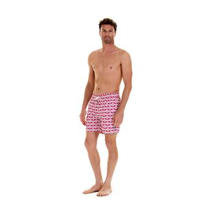 Mens designer swim wear Guava red print by Lotty B Mustique
