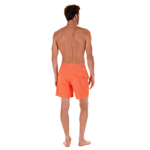 Mens orange swim shorts (back detail) by designer Lotty B Mustique for Pink House resortwear